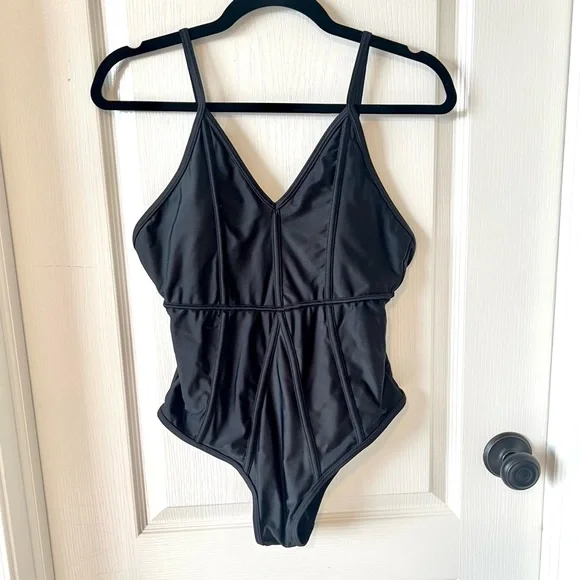 CUPSHE Black V-Neck High Cut Cheeky One Piece Bathing Suit—SZ. Small - Picture 1 of 11